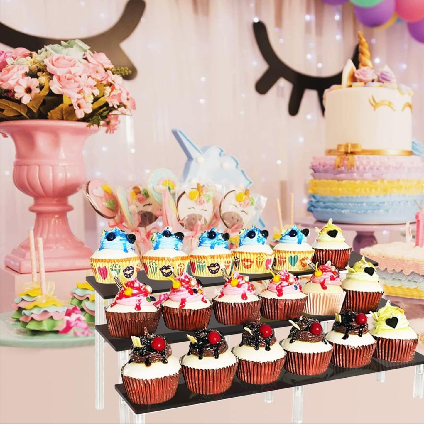 AZEAM 15 3/4 inch Acrylic Riser Black Display Risers Stand Large Collection Organizer Shelf for Cupcake Food Desserts