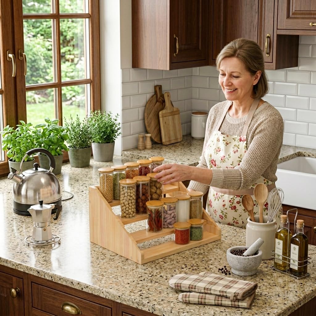 Solid Wood Spice Rack Organizer for Countertop & Cabinet, 4 Tier Adjustable Wooden Spice Shelf with Sliding Track, Premium Step Seasoning Bottle Holder for Kitchen, Pantry, Office, Natural Wood Color