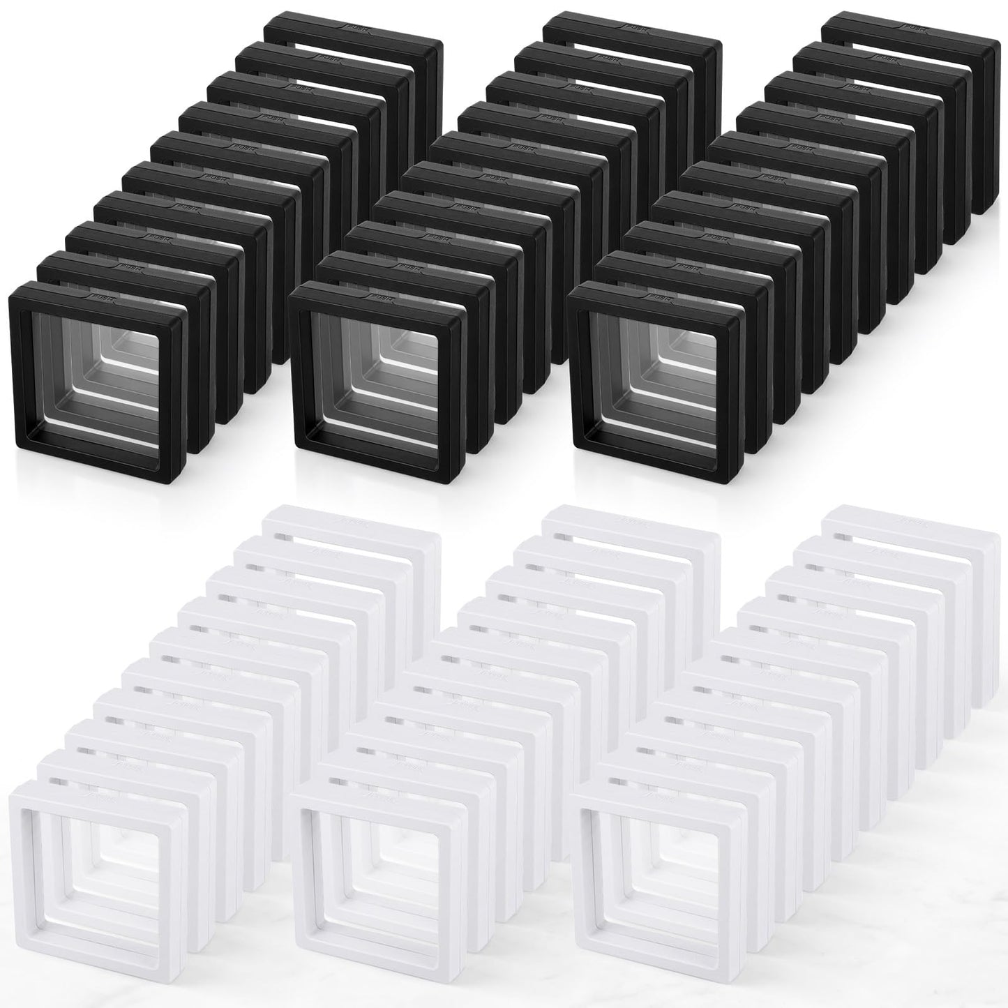 60 Pcs 3D Floating Display Case, 3.5 x 3.5 x 0.8 Inch Clear Coin Frame Holder Stands for Antique Challenge Coins, Jewelry, Shells, Gems, Minerals, Rocks, Specimens, Pins, Medals (Black & White)