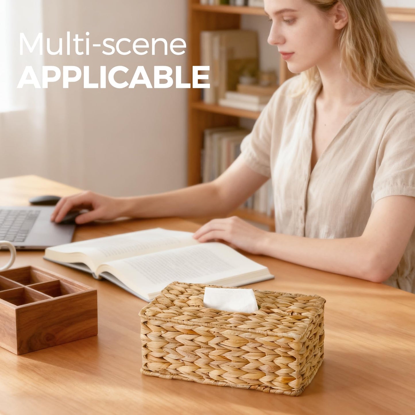 Rectangle Wicker Tissue Box Cover Fits 120-Count (3-Ply) / 160-Count (2-Ply) Boxes, Natural Rattan Woven Facial Tissue Holder, Decorative Tissue Box Holder for Bathroom, Living Room, Office & Desk