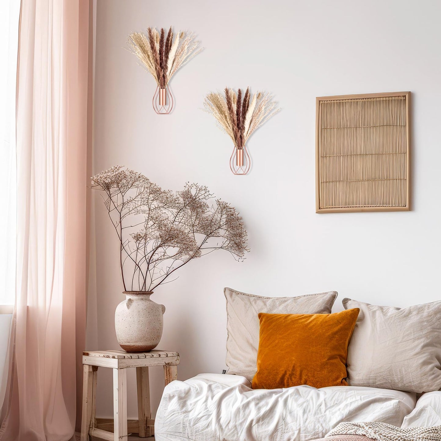 Otoolling Boho Wall Decor Set of 2 – Metal Hanging Wall Art with Faux Pampas or Eucalyptus,Minimalist Bohemian Accent for Living Room, Bedroom, Entryway(Rose Gold,Pampas)