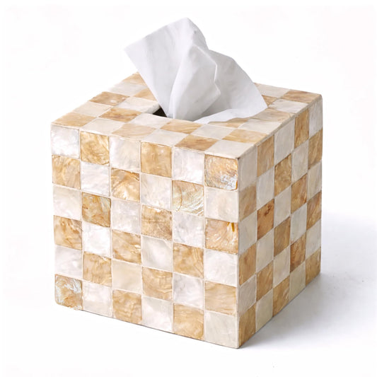 CHI AN HOME 5.5” Square Tissue Box Cover, Capiz Shells Cube Tissue Box Holder with Bottom Slider, Checkered Tissue Box Cover Mother of Pearl Decorative Tissue Holder for Bathroom Vanity, Office, Ivory