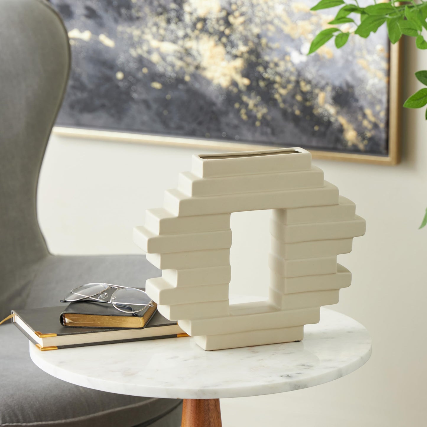 Deco 79 Ceramic Abstract Decorative Vase Centerpiece Vase with Rectangular Center Cutout, Flower Vase for Home Decoration 12" x 2" x 10", Cream