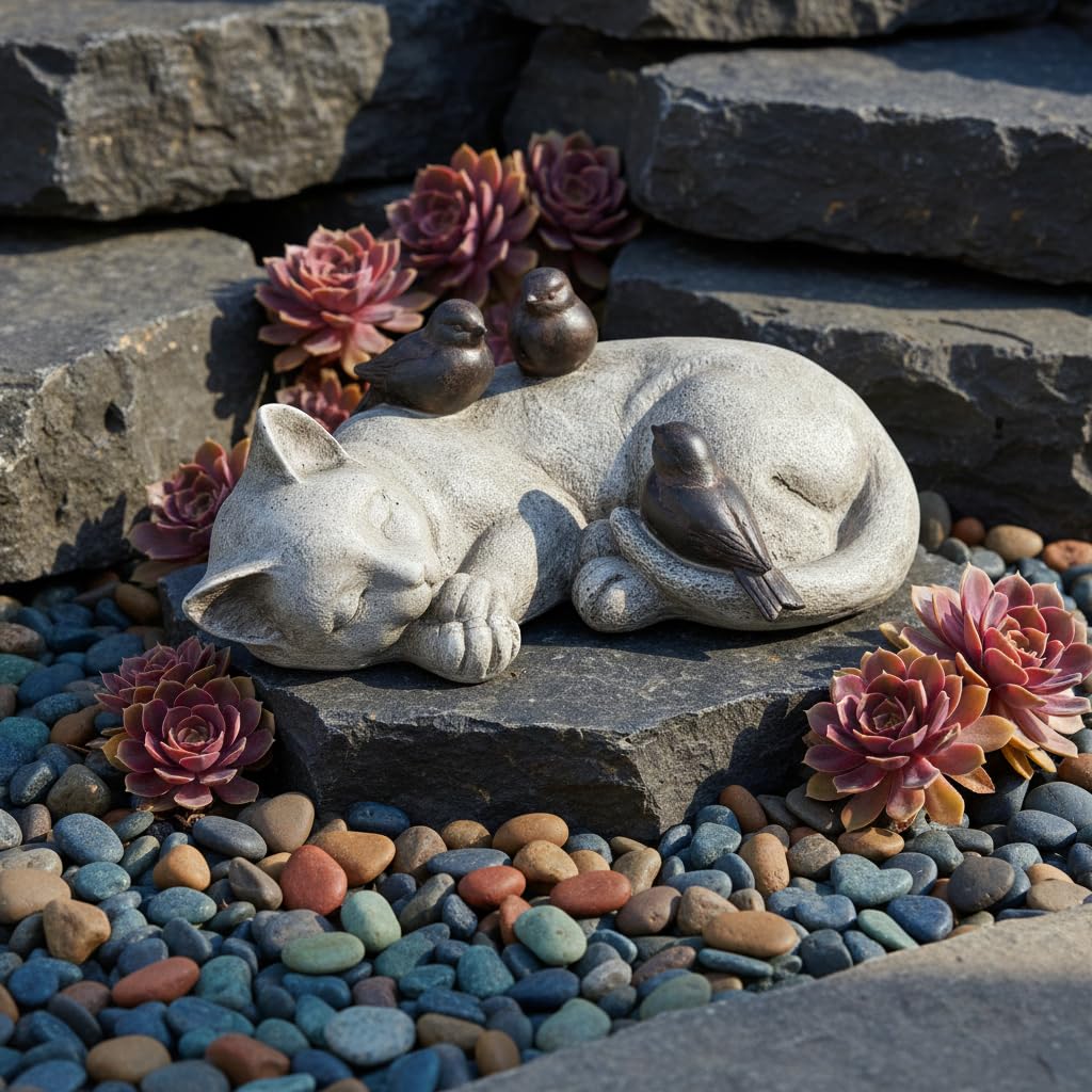 Comfy Hour 4.7" Sleeping Cat with Sparrows Garden Statue, Stone Look Cat Memorial Accent for Outdoor Indoor, Unique Cat Lover Present for Women, Sympathy Pet Remembrance Figurine, 1 Unit