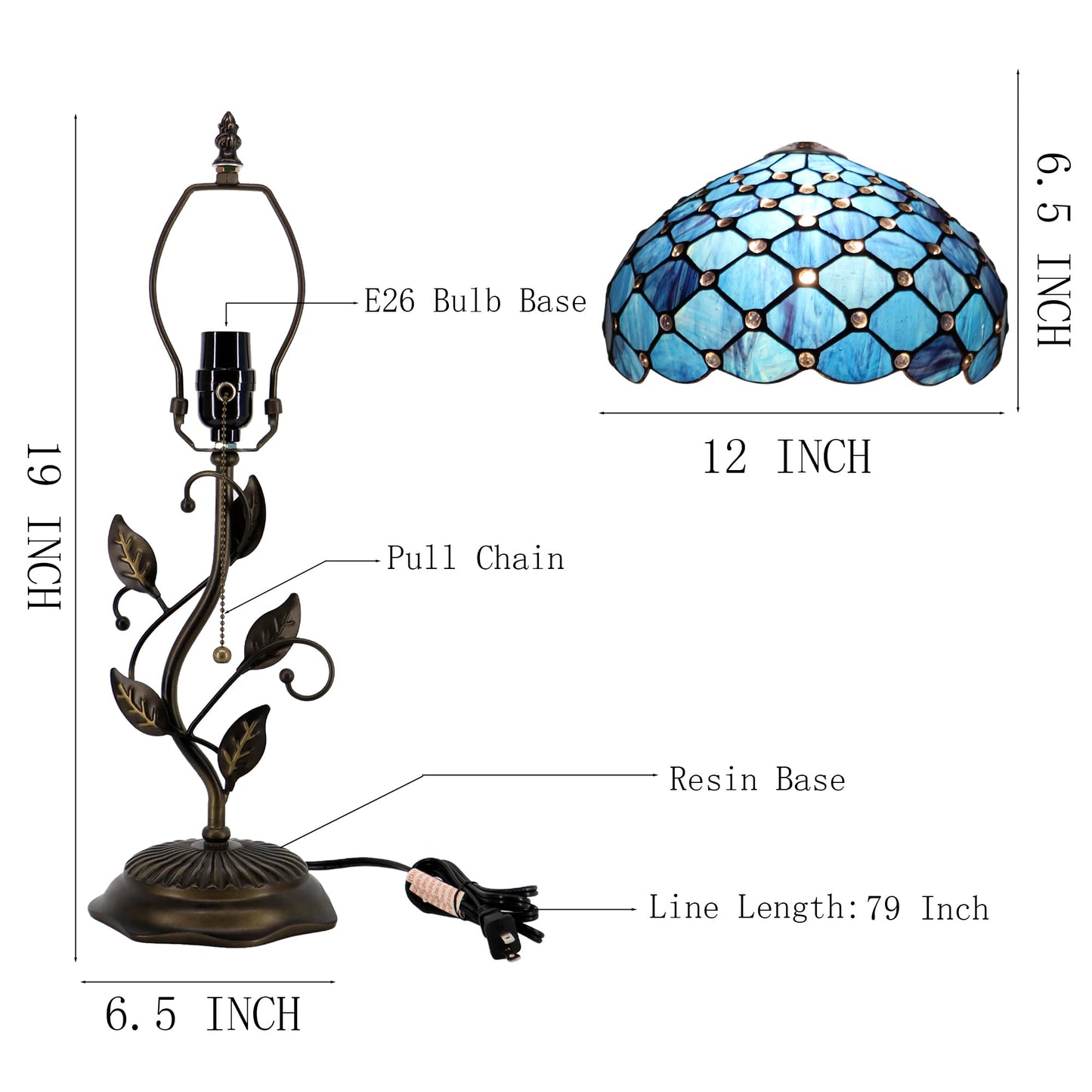 HWDFEI Tiffany Table Lamp, Stained Glass Style Desk Lamp, 12X12X19 Inch,Bedside Reading Light, Metal Leaf Base（Blue Beads Style