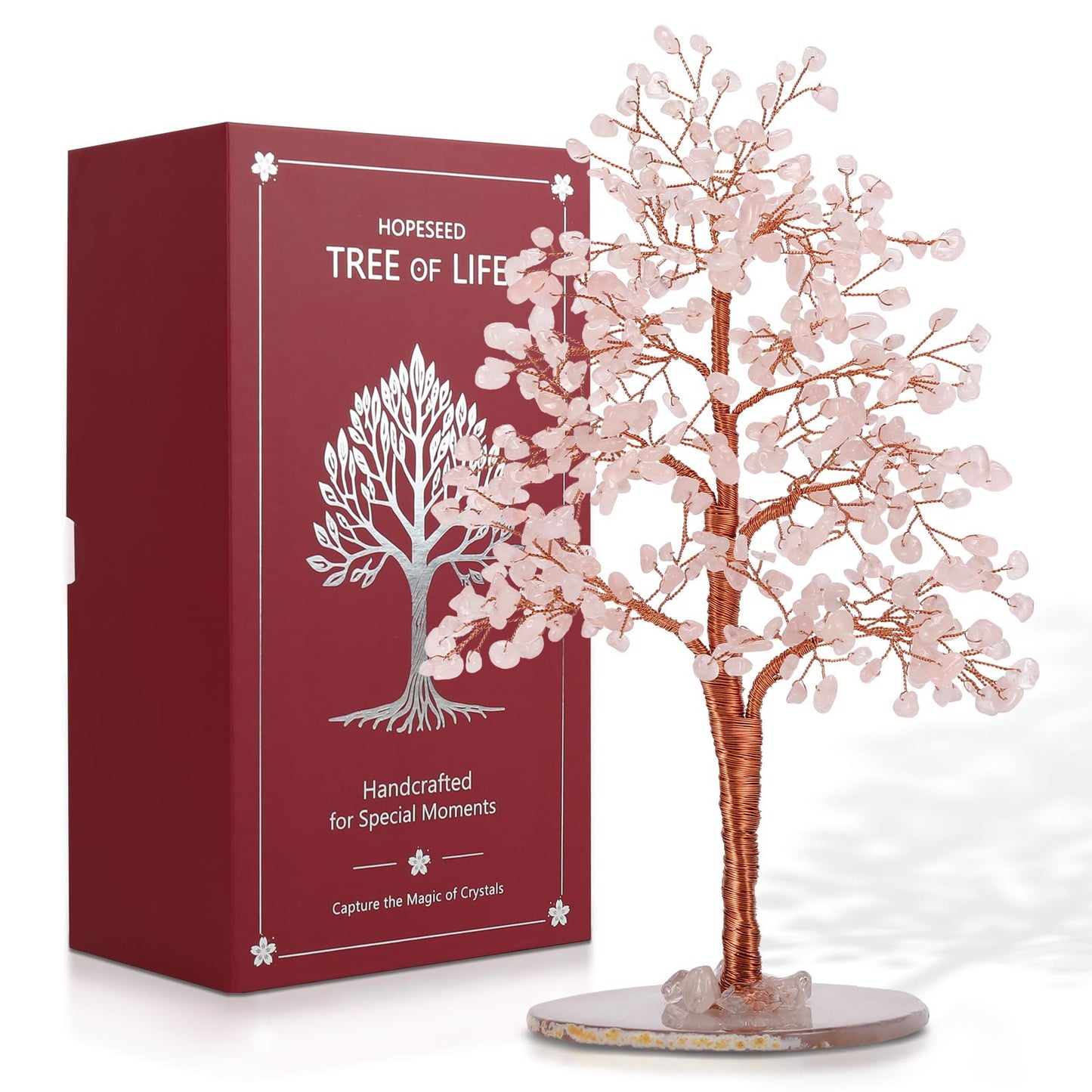 Hopeseed Rose Quartz Chakra Crystal Tree of Life Handmade Bonsai Healing Crystals Tree for Home, Desk, Living Room, Office Decor for Positive Energy, Good Luck Birthday Gift for Women, Mom, Men