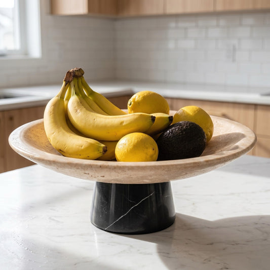 BekPooQ Travertine Decorative Fruit Bowl with Black Marble Pedestal, 10.2" Large Natural Stone Centerpiece Bowl for Kitchen Counter, Dining Table & Entryway Decor