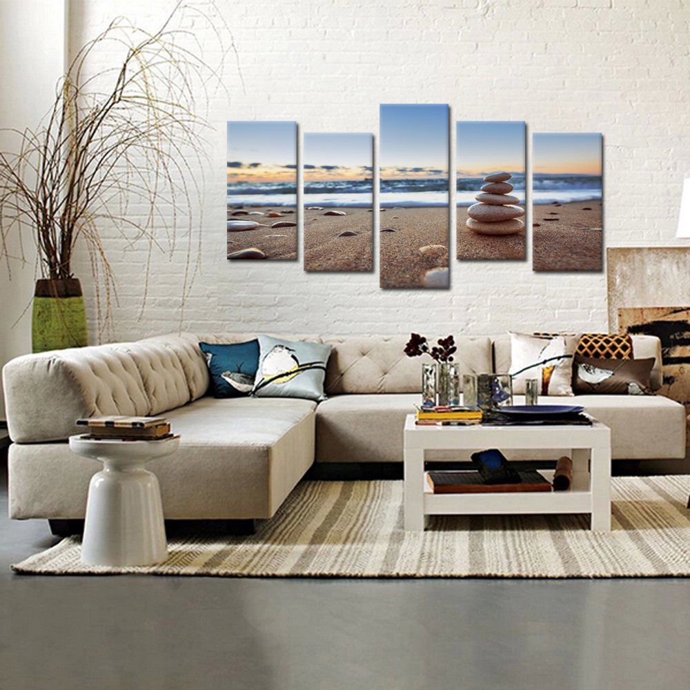 KREATIVE ARTS - 5 Pieces Canvas Prints Wall Art Zen Stones Balance Pebbles Stack on Beach Modern Wall Decor Stretched Gallery Canvas Wrap Giclee Print Ready to Hang (Large Size 60x32inch)