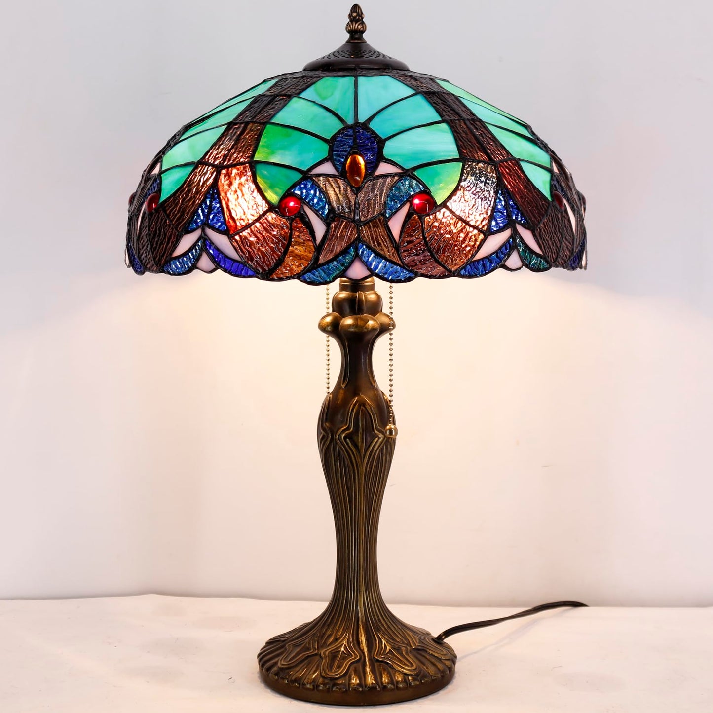WERFACTORY Tiffany Style Lamp Green Stained Glass Bedside Table Lamp 24"