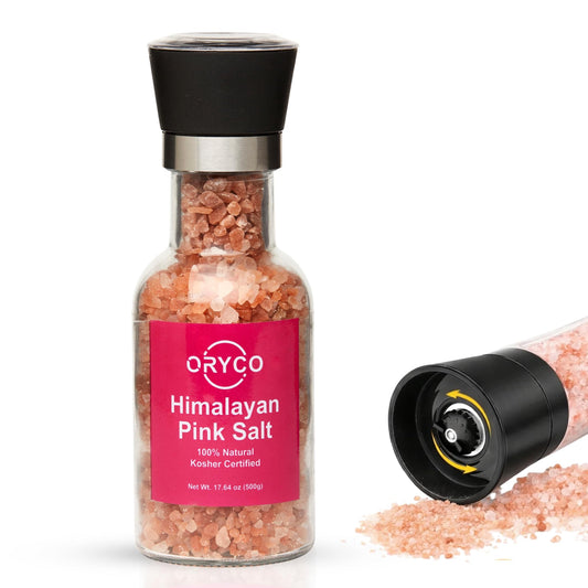 Oryco Himalayan Pink Salt Glass Grinder (17.64 oz) 500g – Refillable Coarse Pink Salt with Grinder, 100% Natural, Kosher, Non-GMO, Fresh Ground Salt for Cooking, BBQ & Kitchen Use