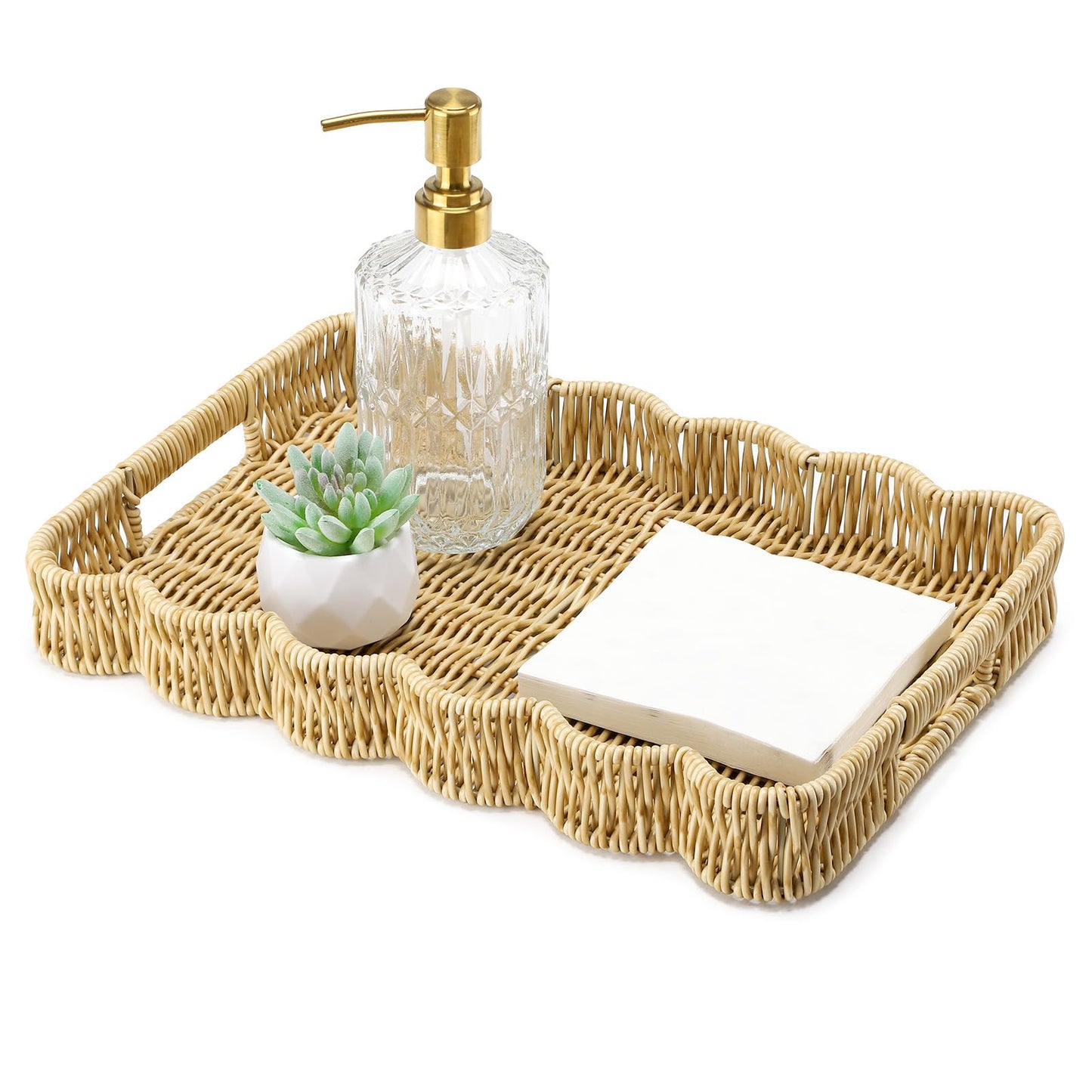 Segbeauty Plastic Serving Tray with Handles for Bathroom, 14x9.8x1.8in PP Rattan Rectangle Tray for Coffee Table, Faux Rattan Bedroom Vanity Basket Organizer, Decorative Towel Storage Wicker Basket