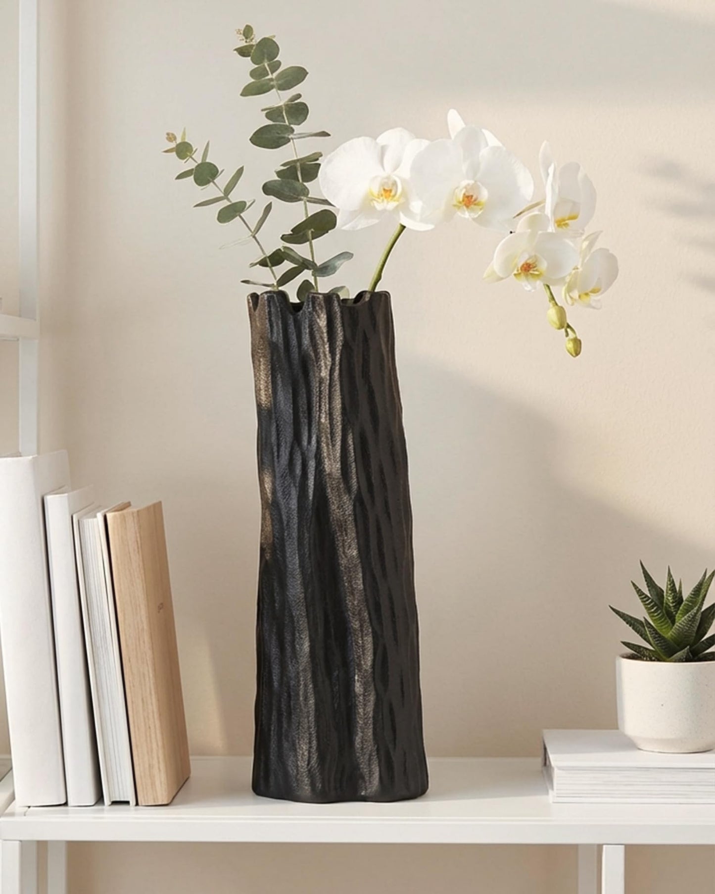OOSTONEE Matte Black Flower Vases Home Decor, Unique Designed Organic Nature Shape, Ceramic Flower Vase for Living Room, Entryway Table Decor, Bookshelf Decor (10.7 inch)