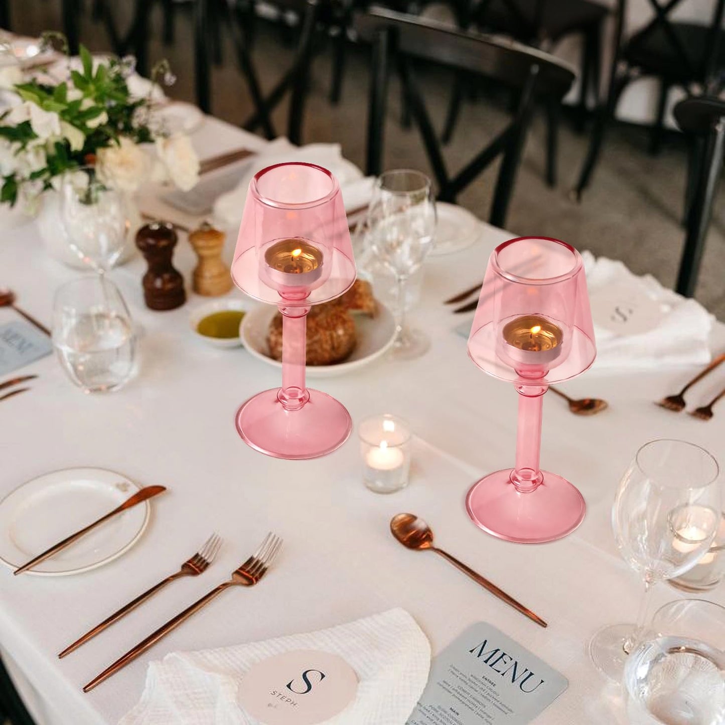 Gurfuy Pink Glass Hurricane Candleholder - Desk Lamp Shaped Glass Hurricane Candle Holder Crystal Decorative Candle Stand for Table Wedding Dinning Centerpieces Party Supplies Festival Decor