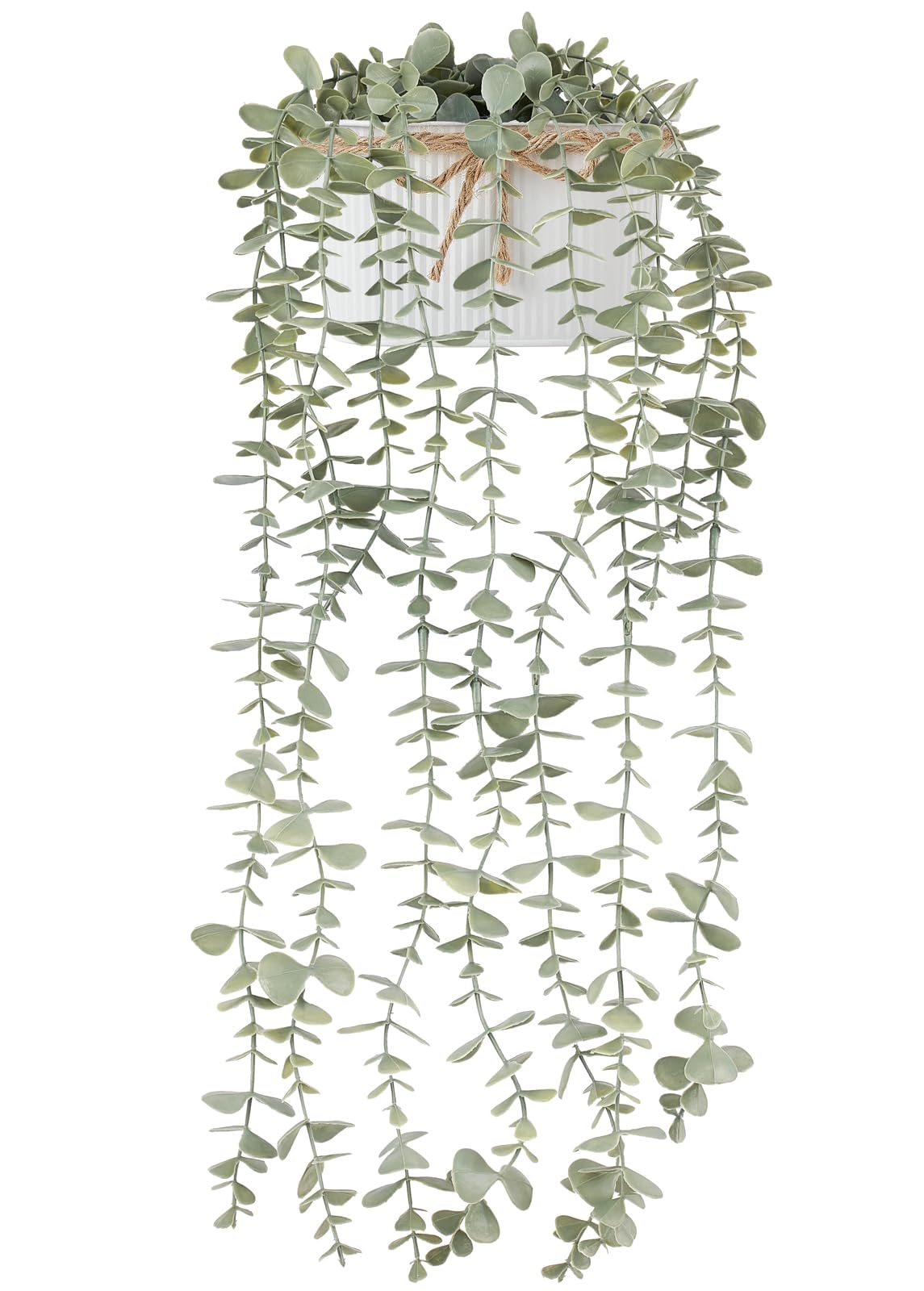 Mkono Fake Hanging Plants in Farmhouse Galvanized Pots Rustic Faux Potted Eucalyptus Greenery Indoor Artificial Plants for Book Shelf Mantel Living Room Bathroom Bedroom Home Office Decor (1, White)