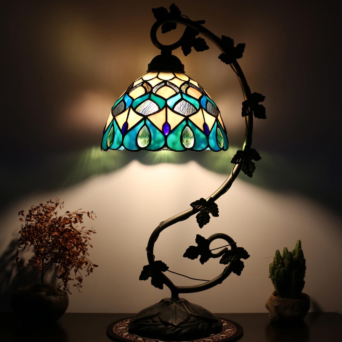 ZYLINX Small Tiffany Lamp Stained Glass Desk Light Blue Phoenix Tail Style