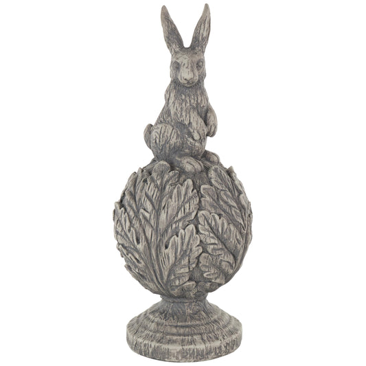 Deco 79 Polystone Rabbit Textured Sculpture with Leaf Covered Round Base, 8" x 8" x 20", Gray