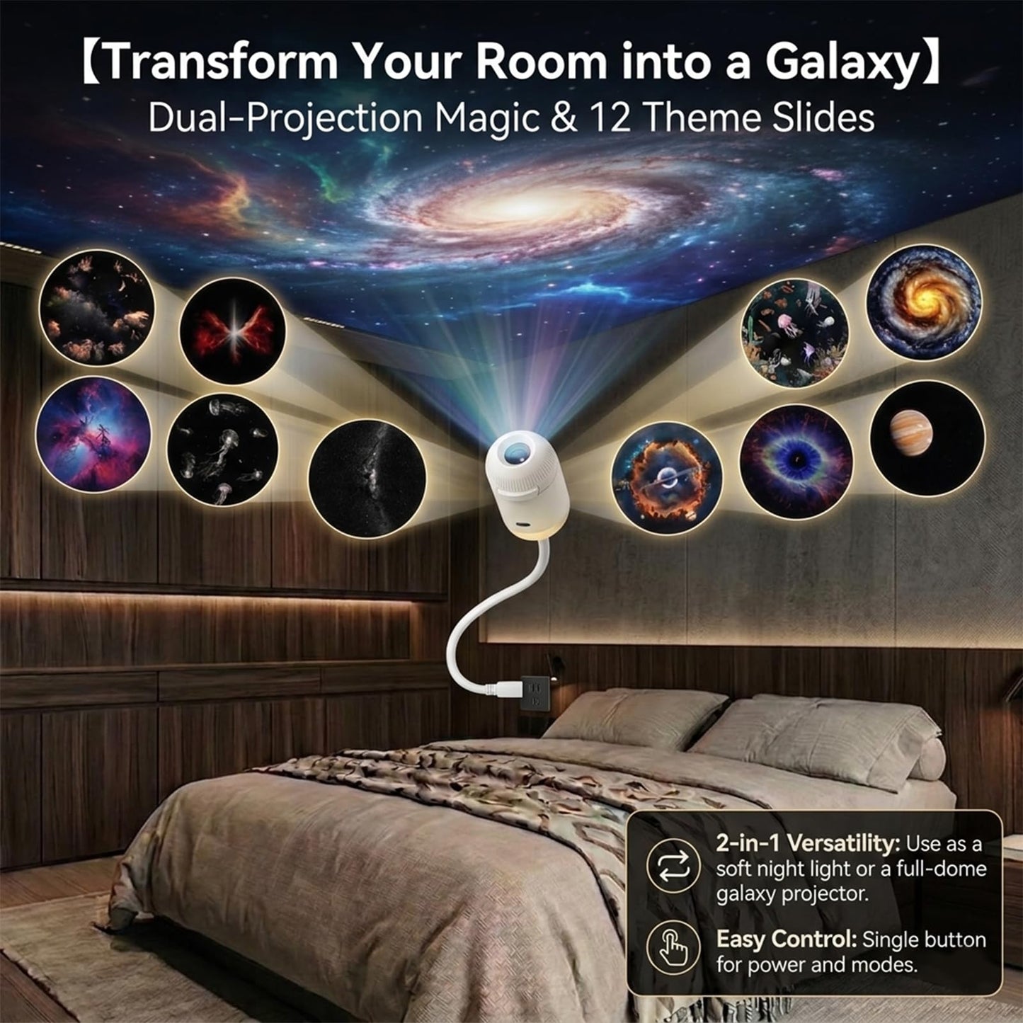 KoudHug 2-in-1 Galaxy Projector Night Light,USB Portable Starry Sky Night Light Projector for Bedroom,Adjustable Brightness 360° Rotating Design,Mini LED Nightlight Wall Lamp for Adults and Kids