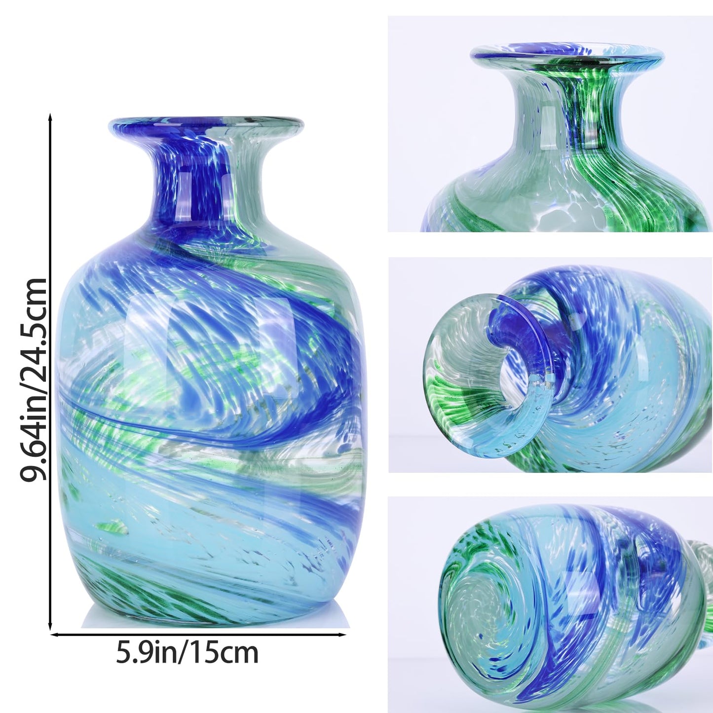 Hand-Blown Glass vase, Bluegreen Decorative vase, Modern Glass Art Piece, Ideal for Centerpiece Display in Living Rooms, Dining Tables, Offices, bathrooms, Coffee Tables, or entryway Decor.