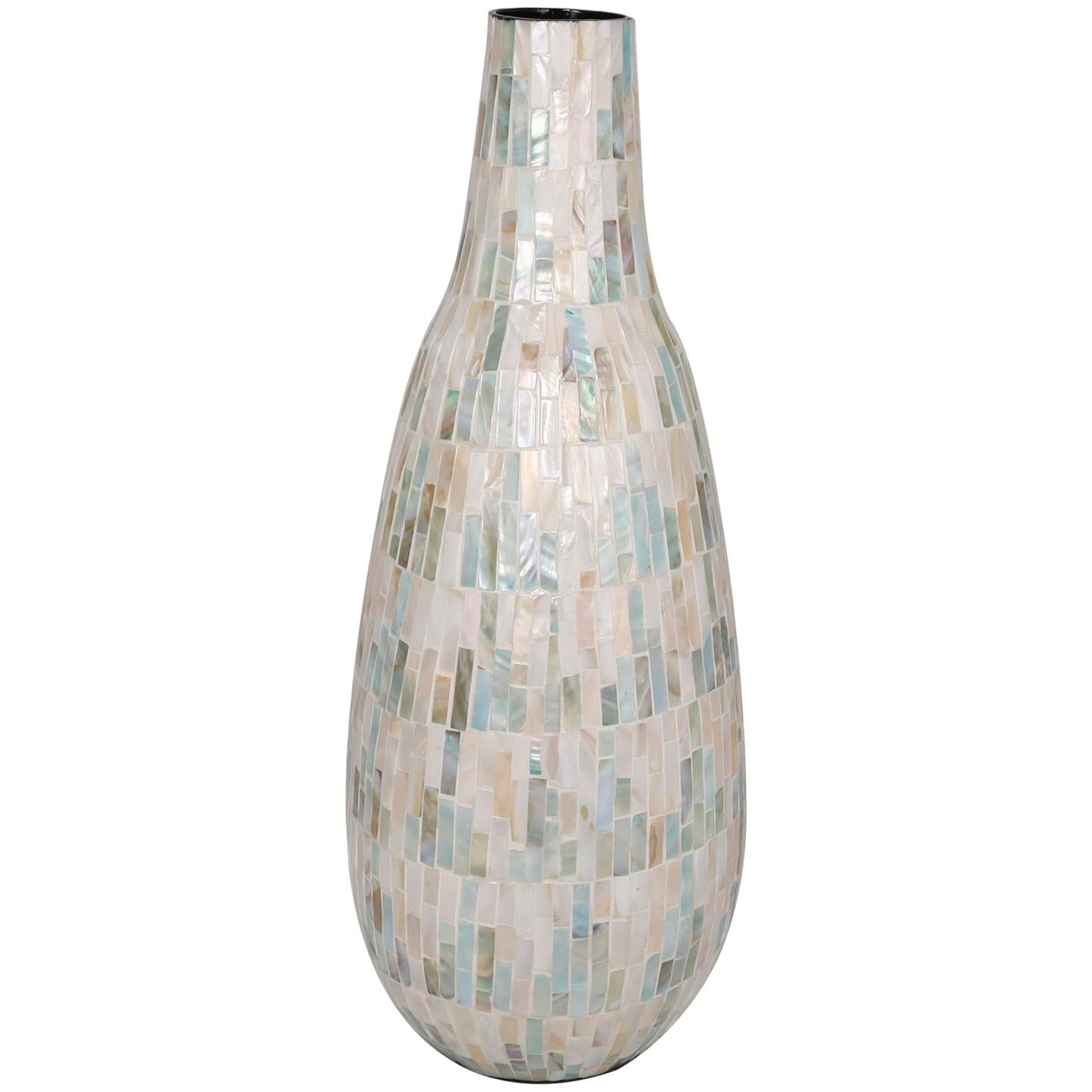 Deco 79 Mother of Pearl Shell Handmade Decorative Vase Mosaic Inspired Centerpiece Vase with Pastel Blue and Pink Accents, Flower Vase for Home Decoration 8" x 9" x 21", White