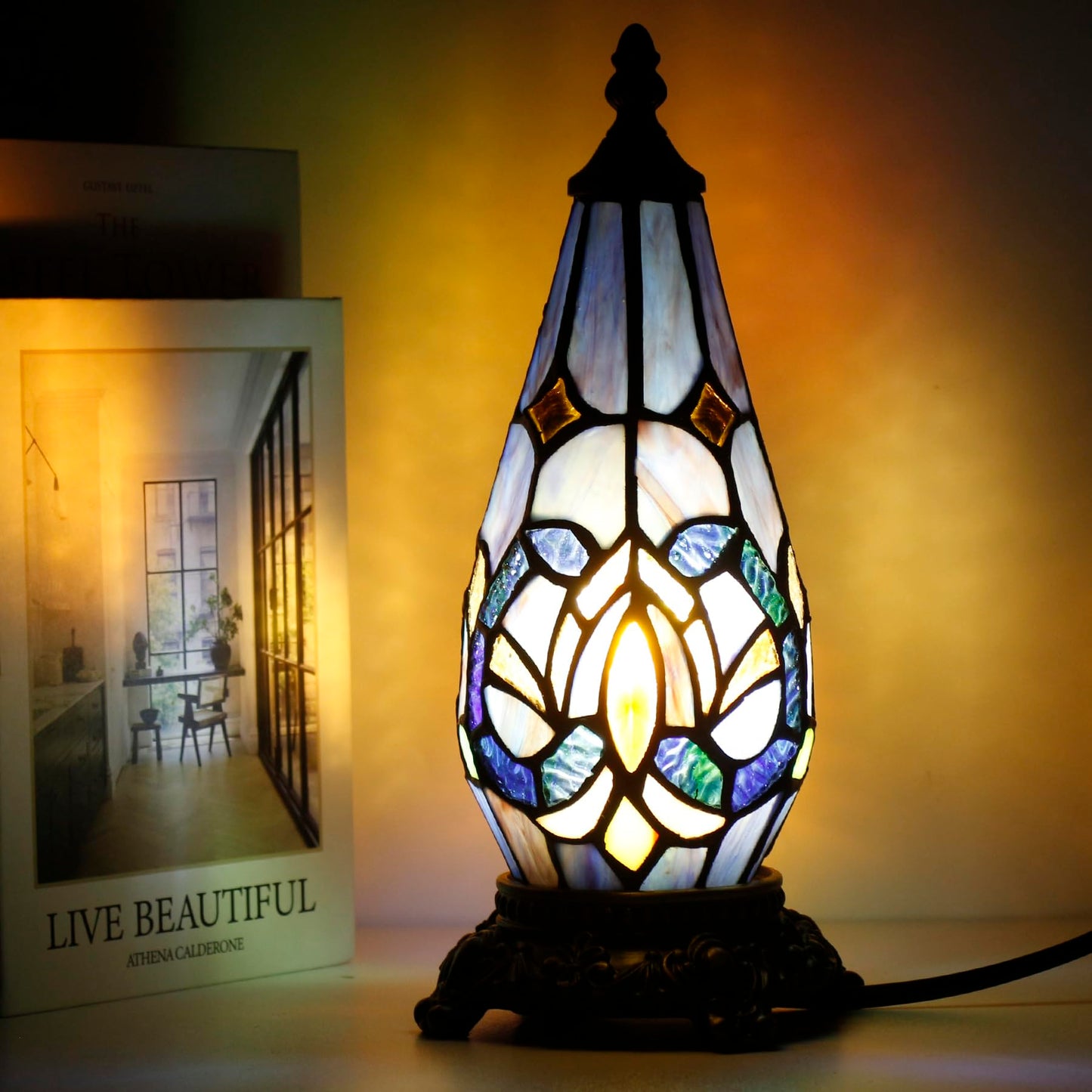 TCODTPOL Small Tiffany Lamp Stained Glass Table Lamp 5.5X11 Inch Christmas Tree Lighthouse Mini Accent Memory Sympathy Antique Night Light for Bedroom Living Room (Blue Purple)