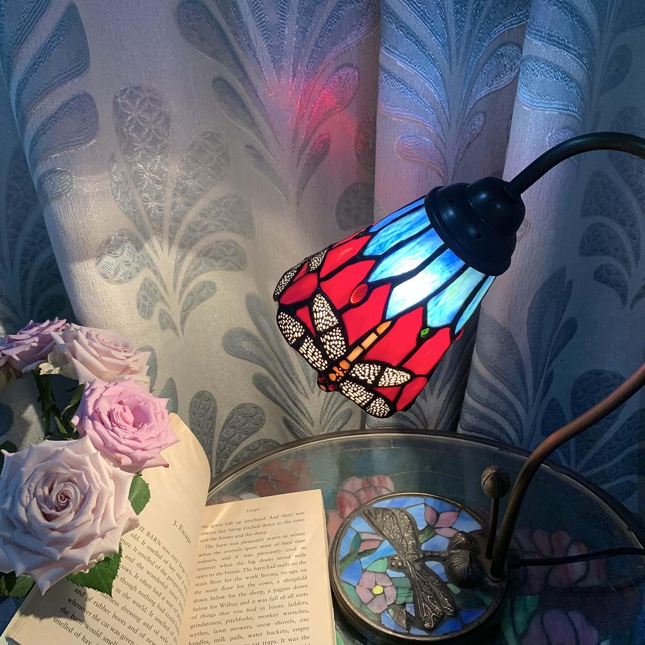 Bieye L10929 Tiffany Style Stained Glass Dragonfly Table Lamp with Mosaic Flower Base for Home Decor