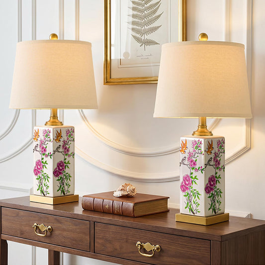 Vortether 24.75" Mid Century Modern Lamp Set of 2,Vintage Farmhouse Chinoiserie Ceramic Table Lamps,Floral & Bird Pattern Bedside Lamps for Bedroom Living Room Nightstand Side Table,White & Gold