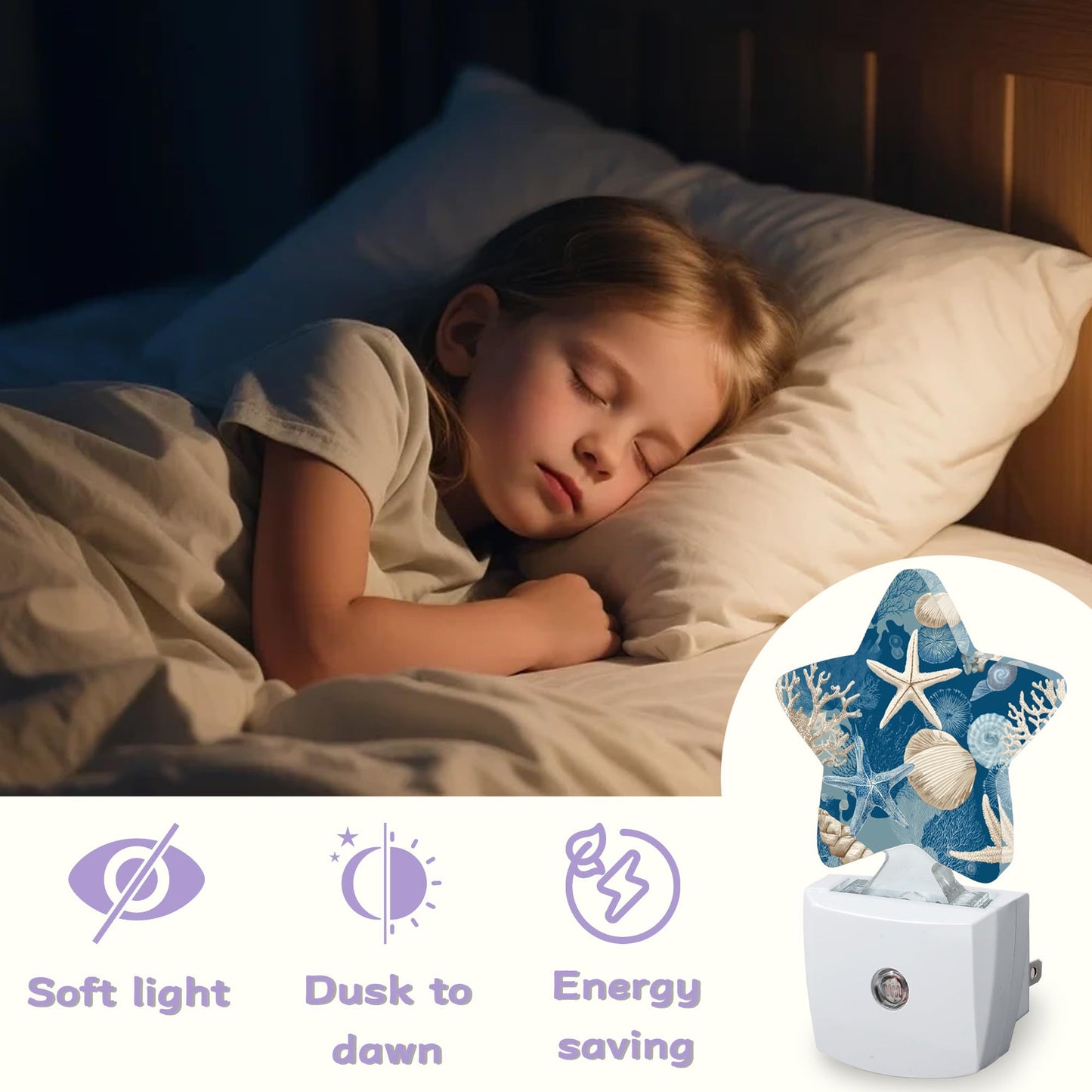 ICRICR Nightlight,Coral Starfish Decorative Night Lights Plug Into Wall,Seashells Night Light with Auto Sensor for Bedroom,Nursery,Hallway,Stairway,Gifts