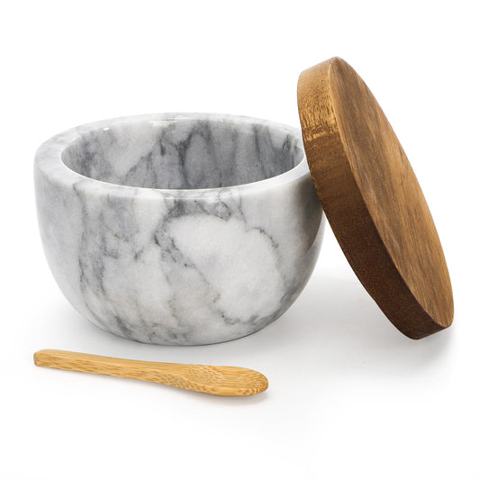 Nicunom Marble Salt Cellar with Acacia Wood Lid and Spoon, Elegant Handcrafted Salt Box Pepper Bowl Spice Jar Seasoning Keeper Salt Container for Kitchen Counter