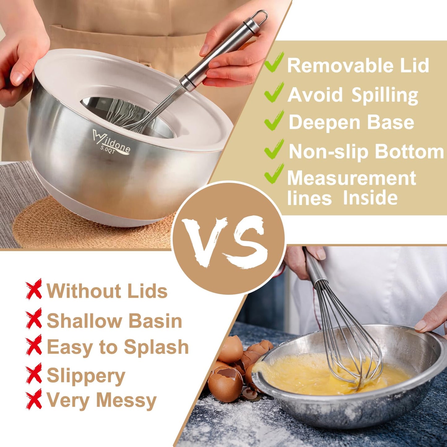 Wildone Mixing Bowls with Airtight Lids, 27 PCS Stainless Steel Nesting Bowls, with 3 Grater Attachments, Scale Mark & Non-Slip Bottom, Size 5, 4, 3, 2, 1.5, 1, 0.63QT, Ideal for Mixing & Prepping