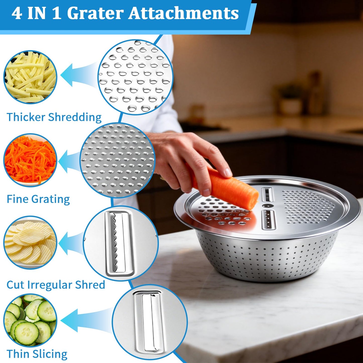 Mixing Bowls Set-9 Pcs Stainless Steel Mixing Bowls with Lid, Grater, Colander, Egg Whisk and Separator, Multipurpose Kitchen Metal Bowls for Mixing, Preping, Serving, Size 6.3, 4.3, 3.6, 2.9QT