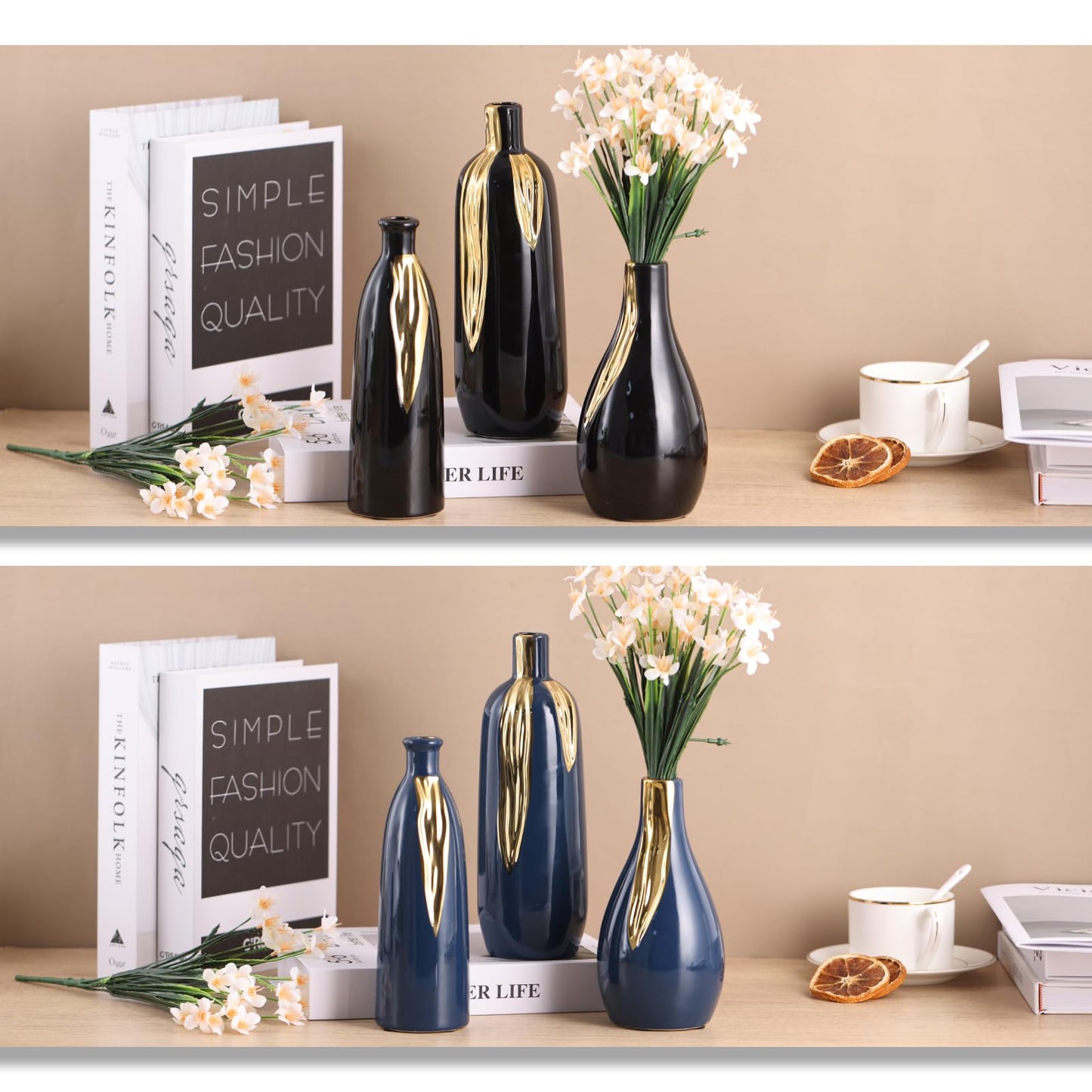 Blue and Gold Ceramic Vase Set of 3, Ceramic Vase Set for Decorative, Blue and Gold Single Stem Vases for Centerpieces Nightstand Kitchen, Boho Farmhouse Home Decoration