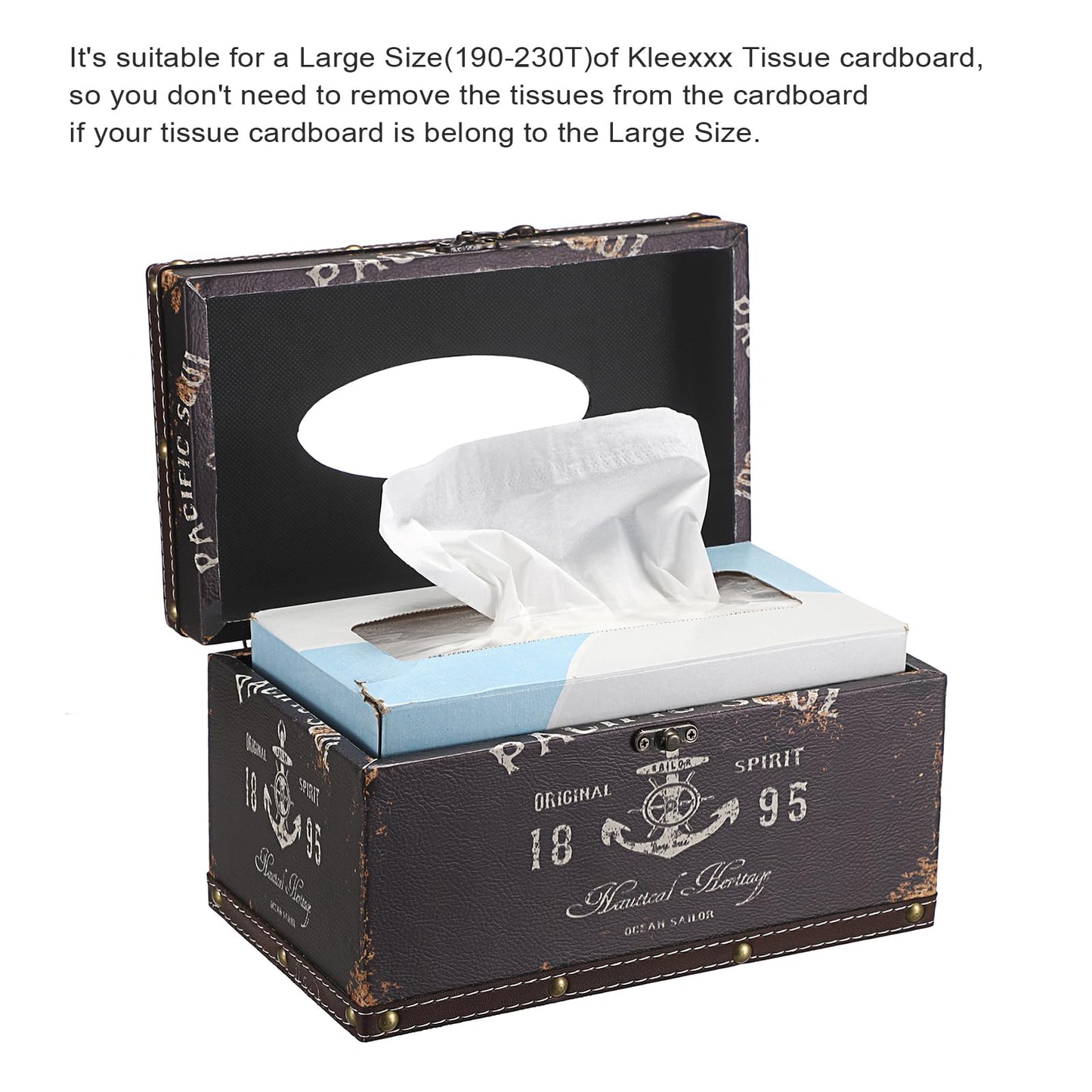 Sumnacon Tissue Box Cover Rectangle Wood Tissue Box with Hinged Lid, Vintage PU Tissue Box Holder Retro Brown Tissue Cover for Bathroom Toilet Bedroom Kitchen Office Table Desk, Large