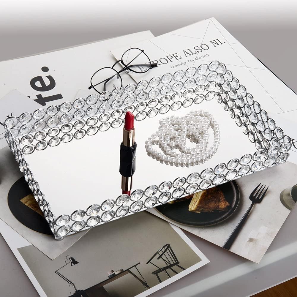 Feyarl Crystal Perfume Tray Cosmetic Vanity Makeup Tray Mirrored Jewelry Trinket Rings Earrings Organizer Storage Decorative Tray for Dresser Countertop Wedding Home Bathroom(13.7" x 7.87")