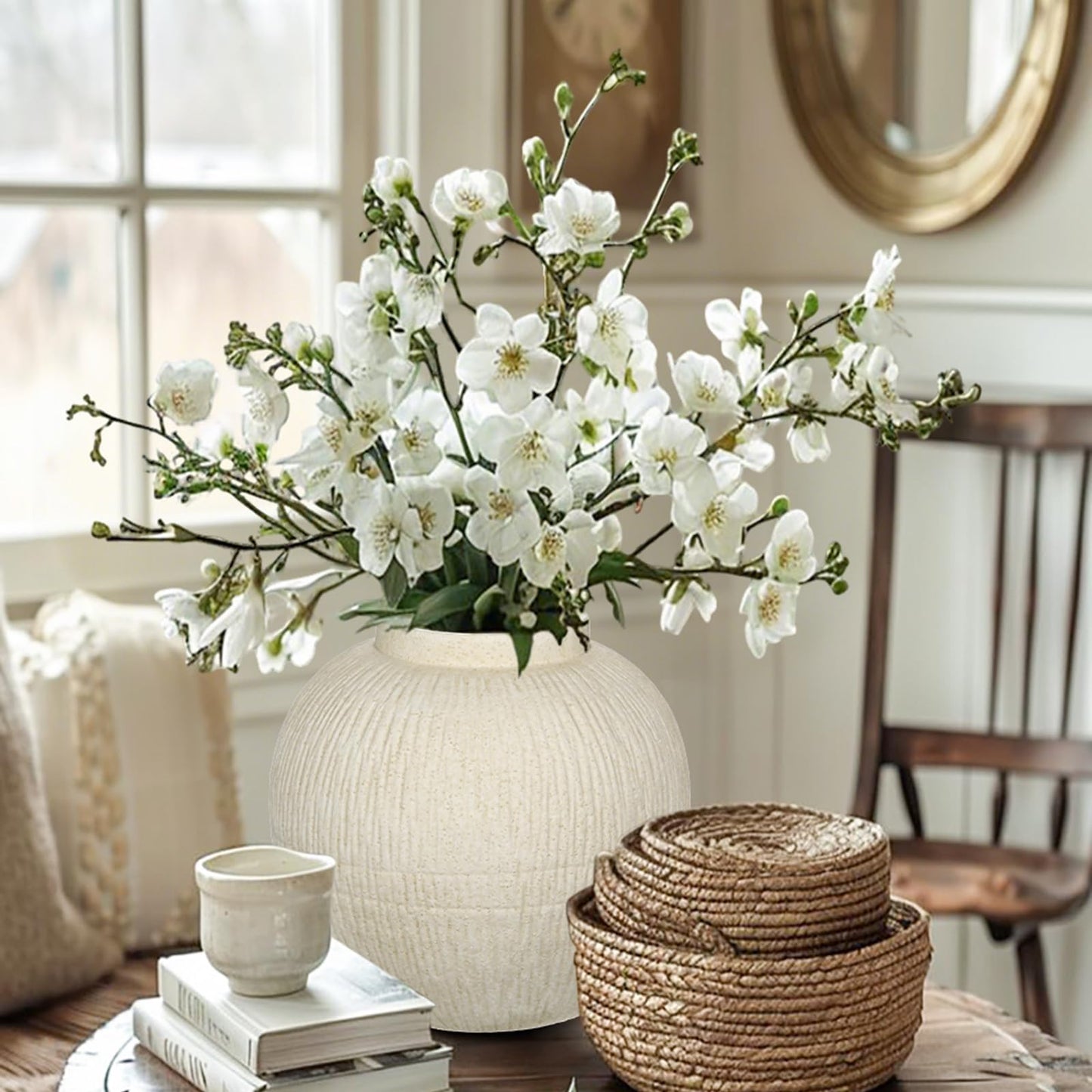 9" Large Rustic Vase with Linear Sculpture and Rich Sand Texture, Round Ceramic Vase with Wide Belly for Space Filling Decor, Retro Style & Beige White