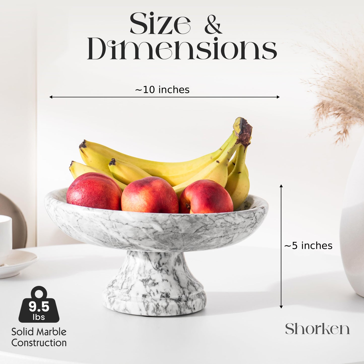 Shorken Marble Fruit Bowl with Anti-Slip Pads, Decorative Footed Marble Bowl for Kitchen Countertop & Dining Table Centerpiece, Large Decorative Bowl, White, 9.8 in