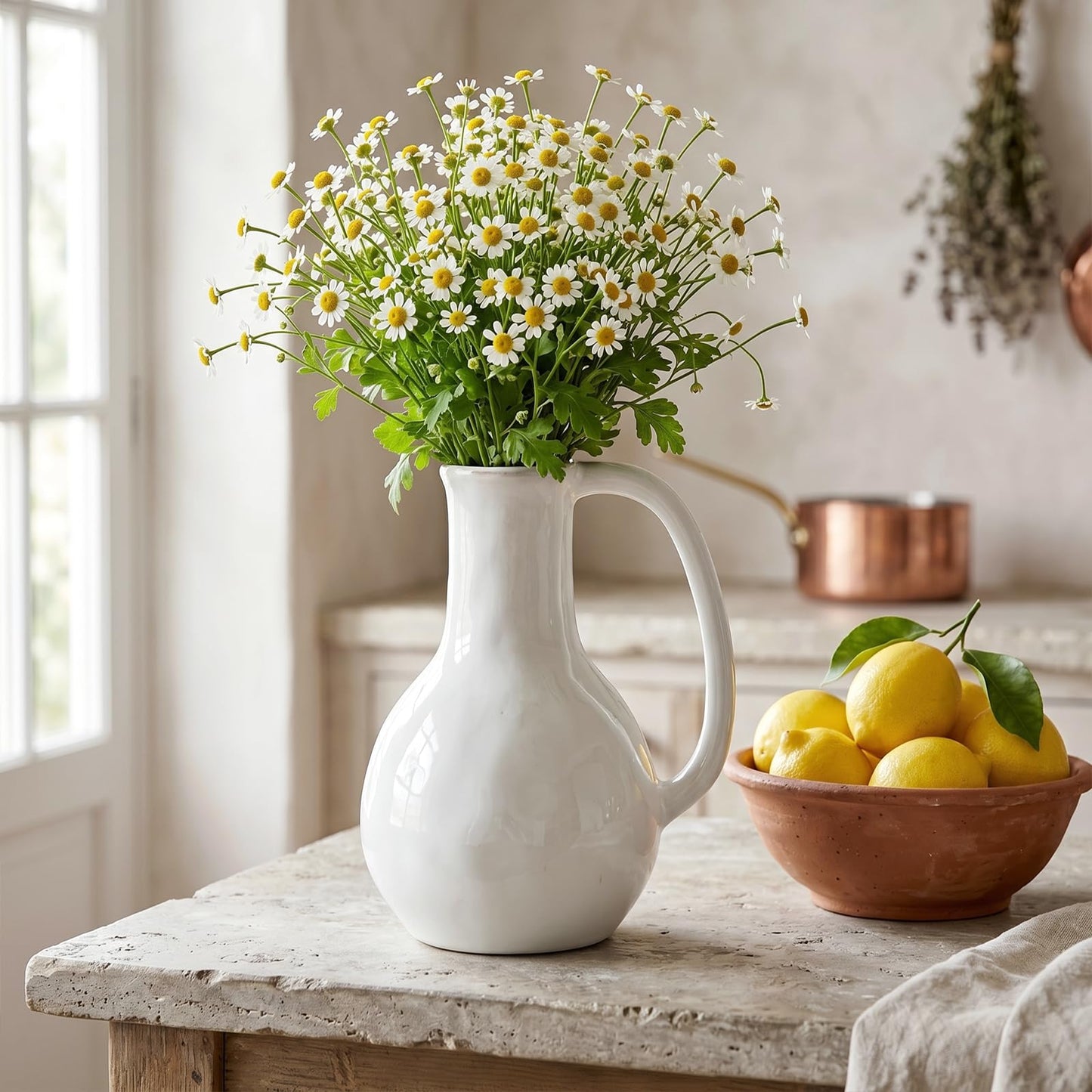 GarDream White Ceramic Vase with Handle, 8.5 Inch Modern Farmhouse Pitcher Vase for Flowers, Rustic Ceramic Jug Flower Vase, Decorative Boho Home Decor for Living Room Mantel Table Centerpiece Office