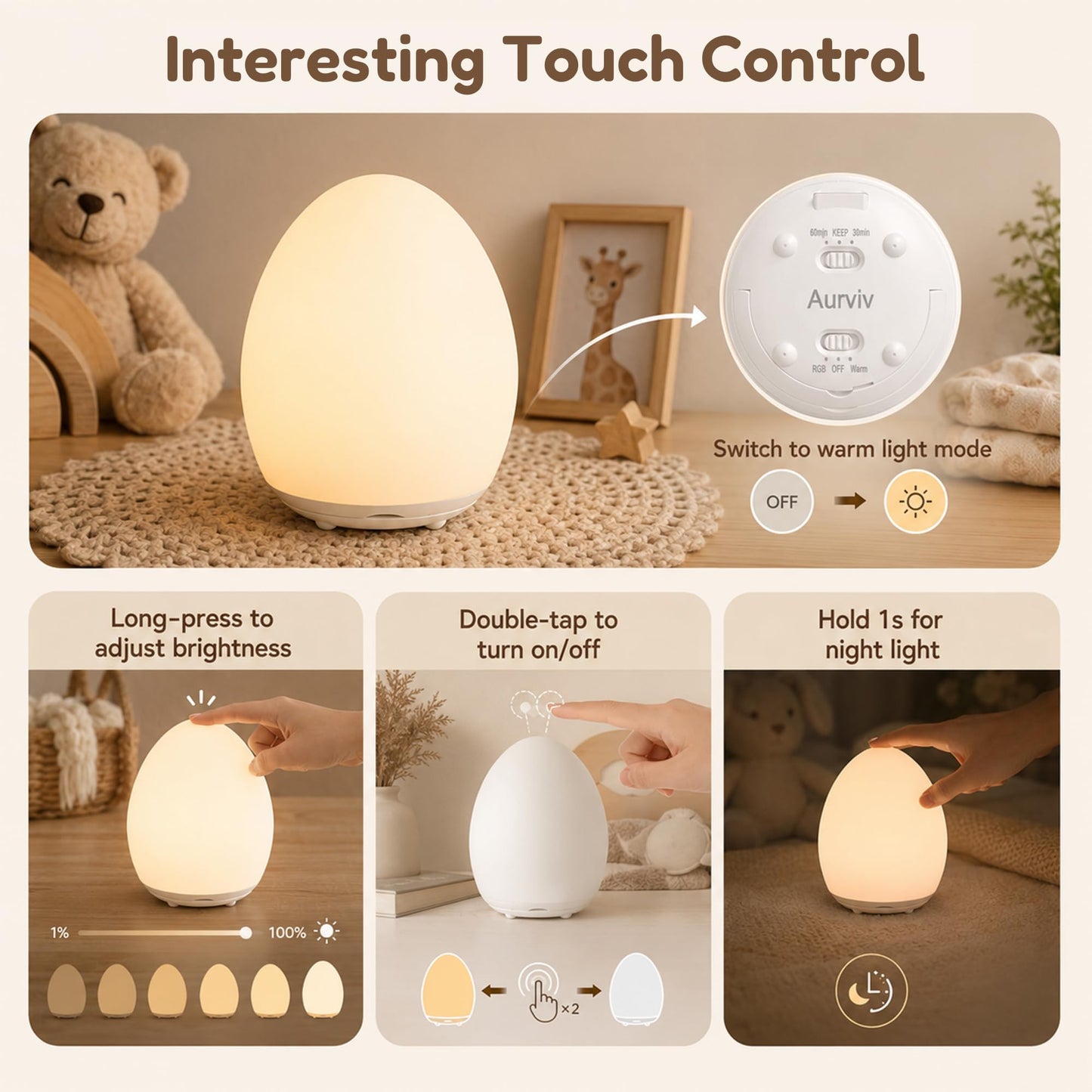Aurviv Egg Night Light for Kids, Soft Silicone Baby Egg Light for Nursery