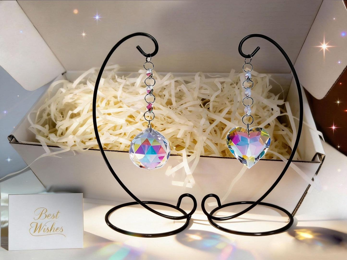QuarenDen Tabletop Memorial Gifts, Ornament Display Stand With 40mm Crystal Ball and 45mm Heart Suncatcher Hanging, Crystal Ornament Rainbow Maker, Memorial Grief Bereavement Gifts