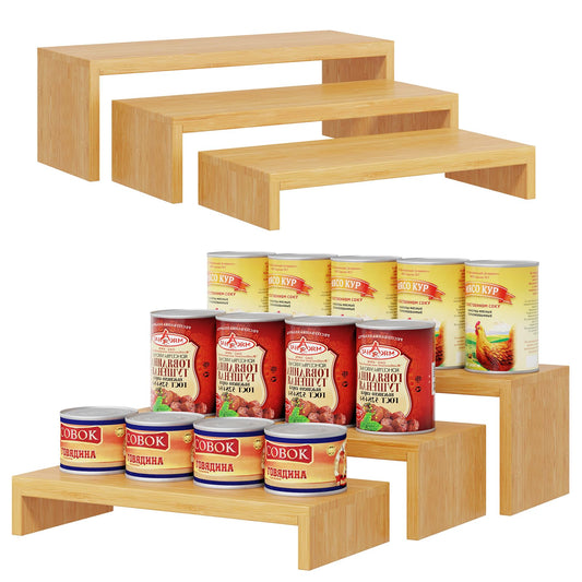 2 Sets Bamboo Can Organizer for Pantry, 3-Tier 6-Piece Adjustable Cabinet Can Display Rack, Soda Can Organizer Holds Up to 31 Cans, Canned Goods Storage Holder for Pantry, Cabinet, Countertop