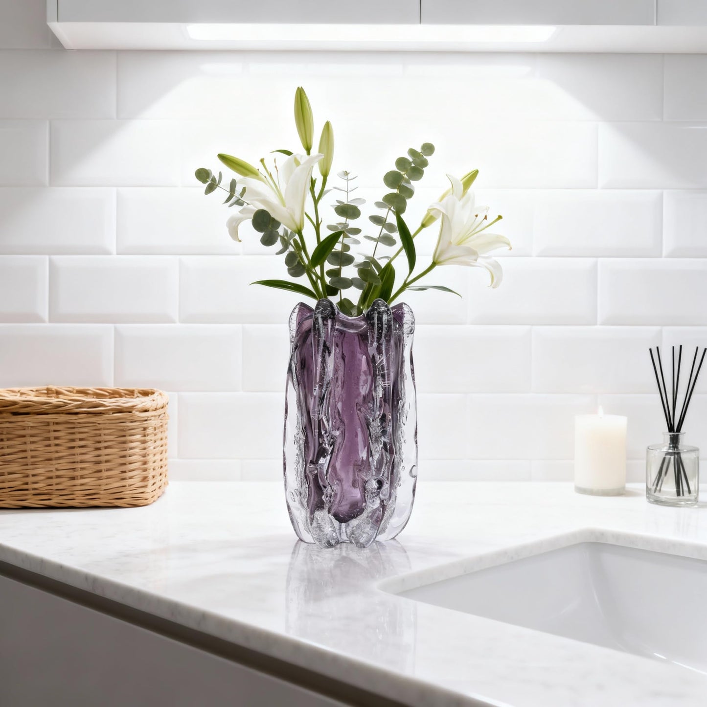 Hand-Blown Glass vase, Unique Wide-Mouth Glass vase, Modern Art Purple Decorative vase, Suitable for Office Spaces, Wedding venues, Living Room Coffee Tables, or as a Centerpiece on Dining Tables.