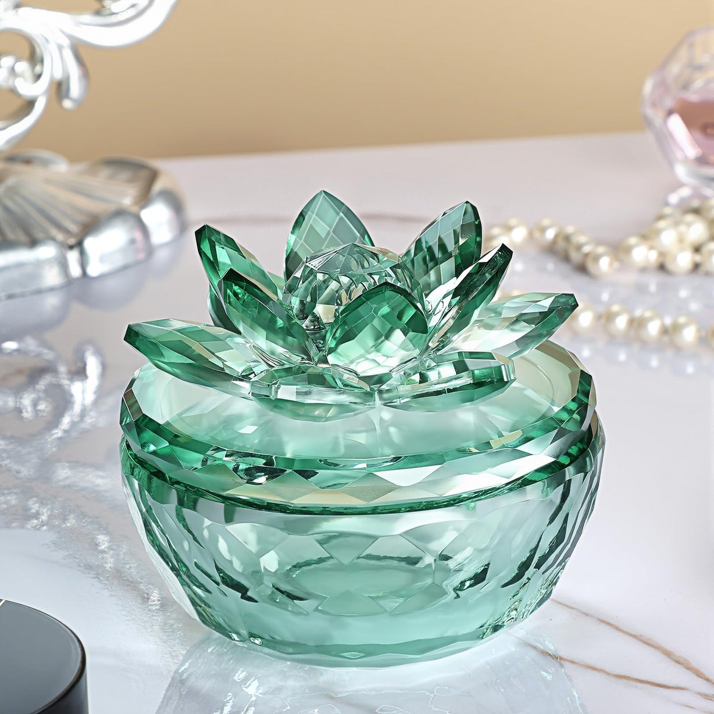 Dounx Crystal Jewelry Box, Small Glass Trinket Jar with Lid, Clear Lotus Flower Storage Holder for Women, Elegant Organizer Dish for Ring, Earrings, Necklace, Gift (Green)