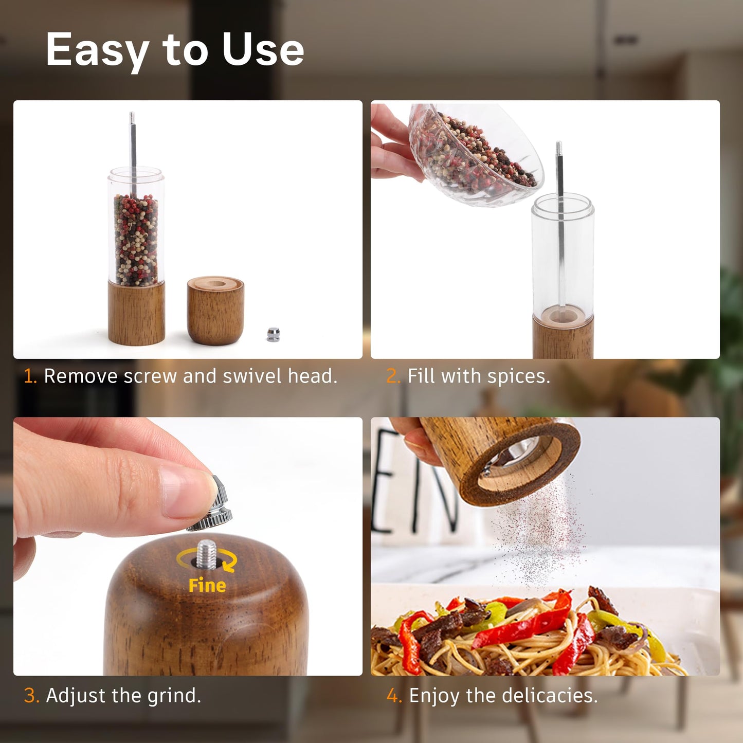 Wood Salt and Pepper Grinder, Manual Premium Acrylic Salt Grinder and Pepper Mill, Oak Wood Shakers with Adjustable Ceramic Grinders, Kitchen Cooking Gifts for Women Mom Men Dad- 8 inches, 1 Pack
