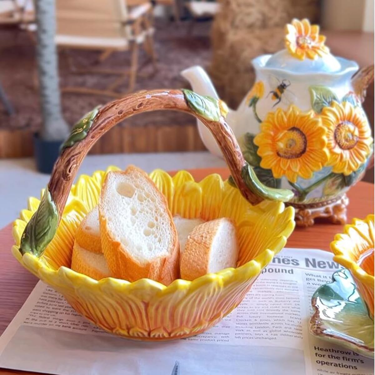 FORLONG Ceramic Sunflower Fruit Hand Basket, Snack Bowl, Hand Painted Art Tabletop Home Décor -8.5 inches (Yellow)