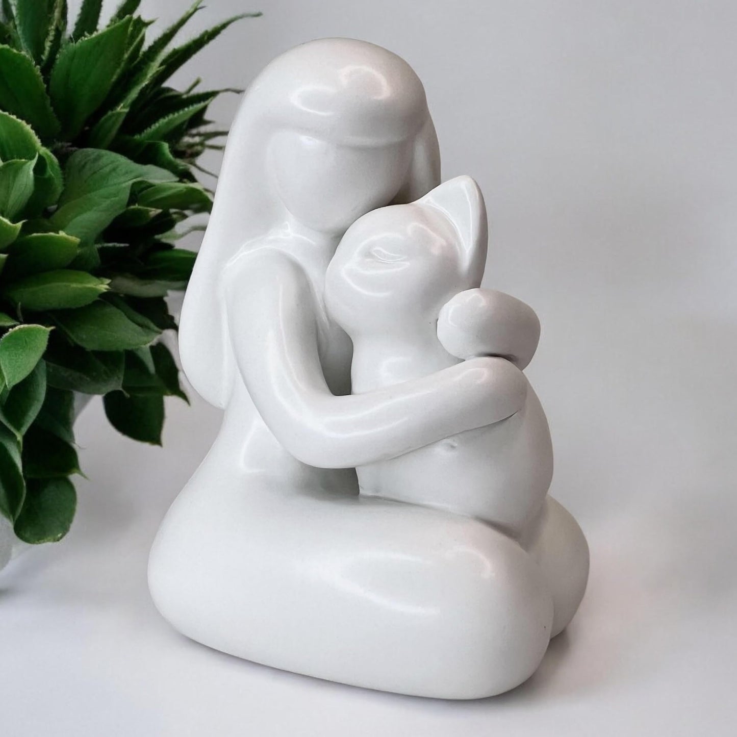 Top Brass Girl Hugging Cat Figurine/Kitty Love Statue – 5” Tall Ceramic Stoneware Simple Modern Pet Friendship Decor