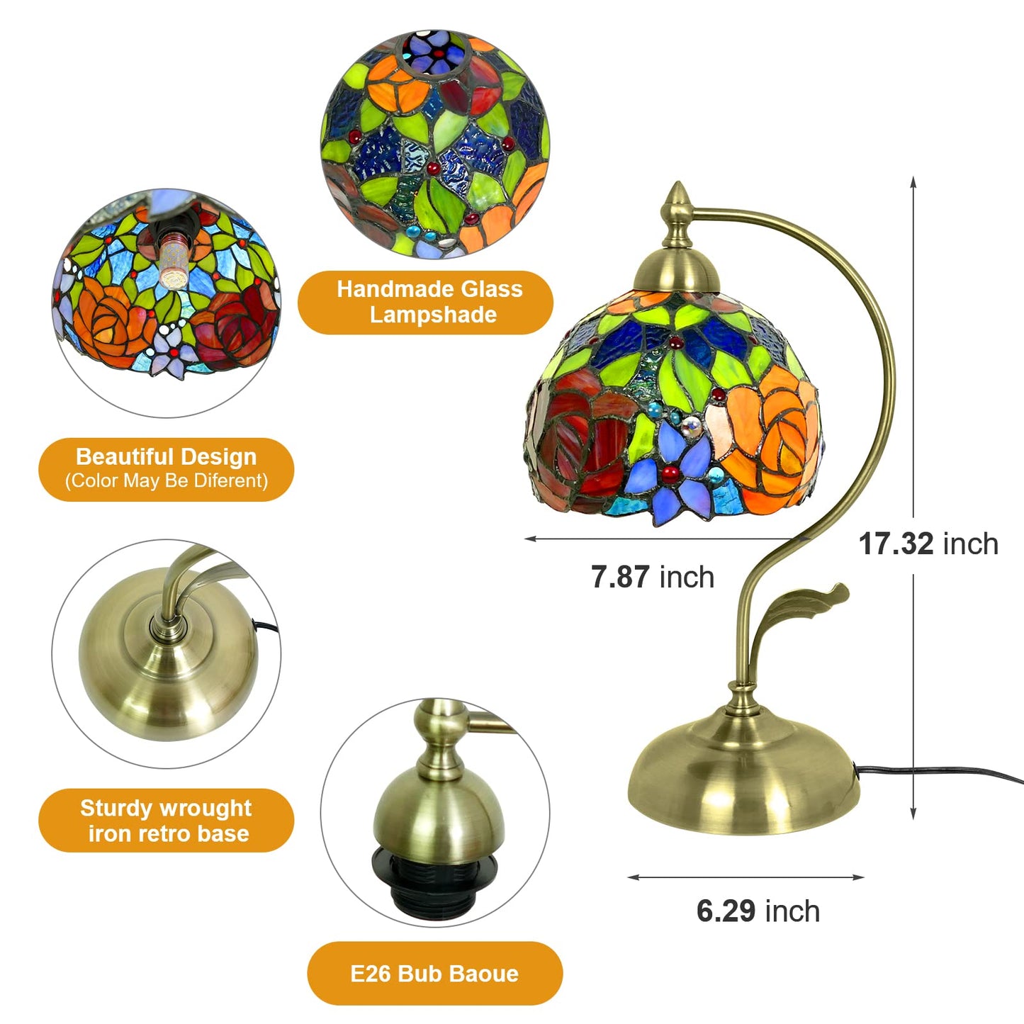 JGWSQ Rose Floral Tiffany Table Lamp, Stained Glass Curved Desk Lamp