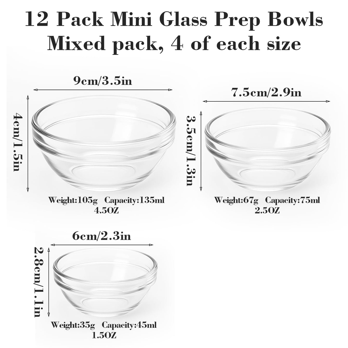 CAOXIAOXUYAO 12-Piece Mini Glass Prep Bowls Set - 4x 1.5 oz, 4x 2.5 oz, 4x 4.5 oz Small Nesting Mixing Bowls for Kitchen, Food Prep, Spices, Sauces & Snacks
