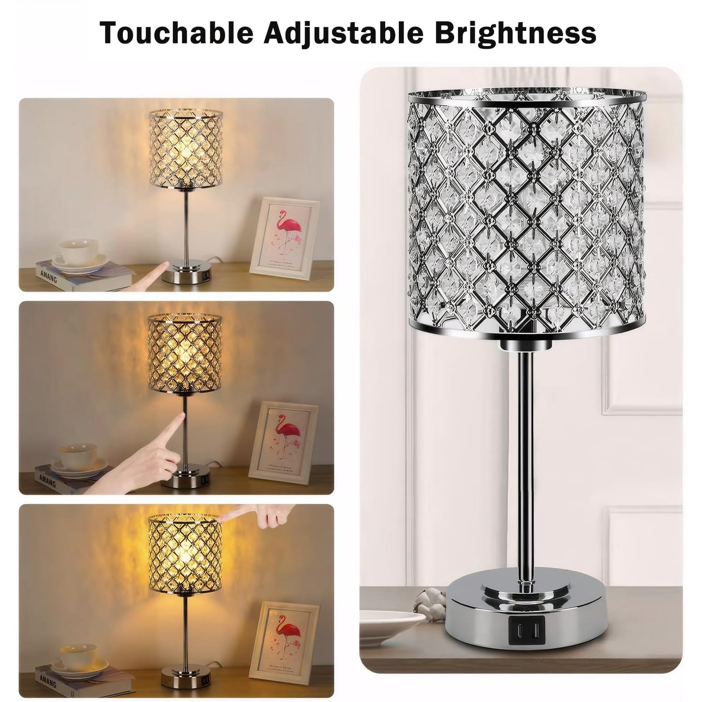 GyroVu Crystal Table Lamp for Bedroom Living Room, Touch Control Bedside Lamp with USB C+A Ports - Dimmable Nightstand Lamp Modern Light, Bulb Included