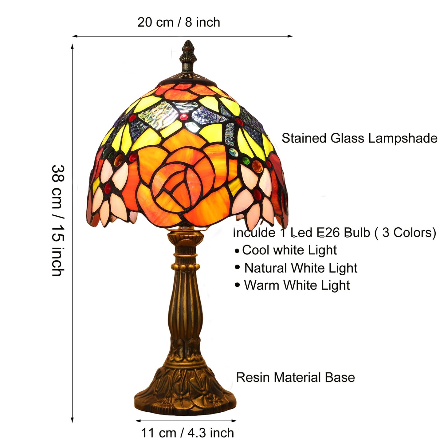 tuomoxte Tiffany Style Table Lamp 3 Color Temperatures Rose Flower Stained Glass Lamps Small Antique Bedside Nightstand Table Lamp for Bedroom Living Room Home Office, W/LED Bulb 8X8X15Inch