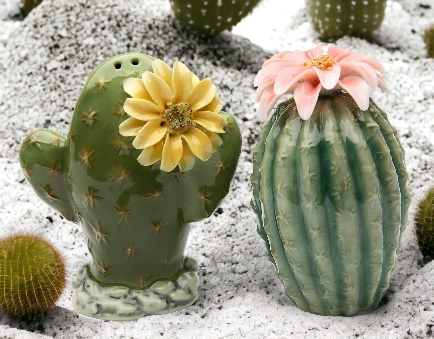 Fine Porcelain Cactus with Pink & Yellow Flowers Salt & Pepper Shakers Set, 3-1/8" H