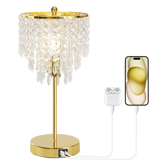 Touch Control Crystal Table Lamp with USB C+A Ports, 3-Way Dimmable Gold Lamp, Bedside Light with Crystal Shade, Girls Lamp for Bedroom, Living Room, Teens Room, Dresser, 6W LED Bulb Included